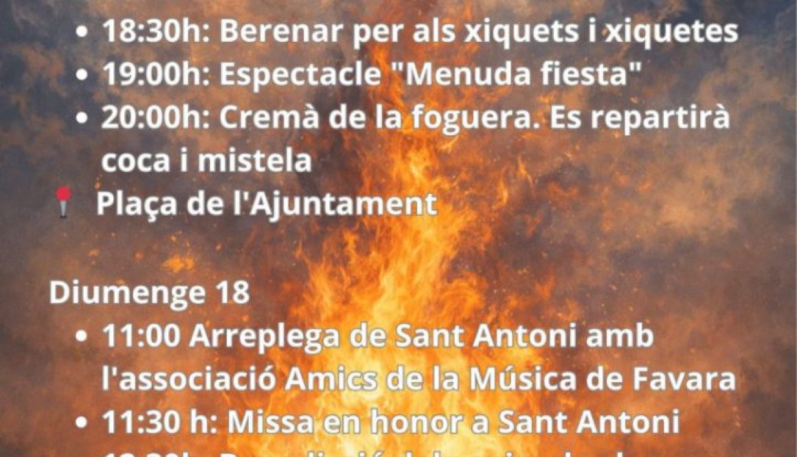 Fogueres i activitats de Sant Antoni 2026 a Favara, cartell amb programació i horaris