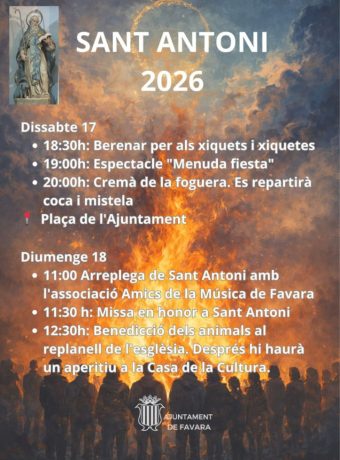 Fogueres i activitats de Sant Antoni 2026 a Favara, cartell amb programació i horaris