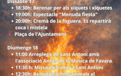 Fogueres i activitats de Sant Antoni 2026 a Favara, cartell amb programació i horaris